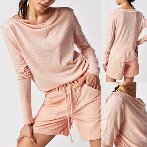 Free People We The Free Kimmi Long Sleeves Tee Top Pretty In Peach Slub‎ Knit L